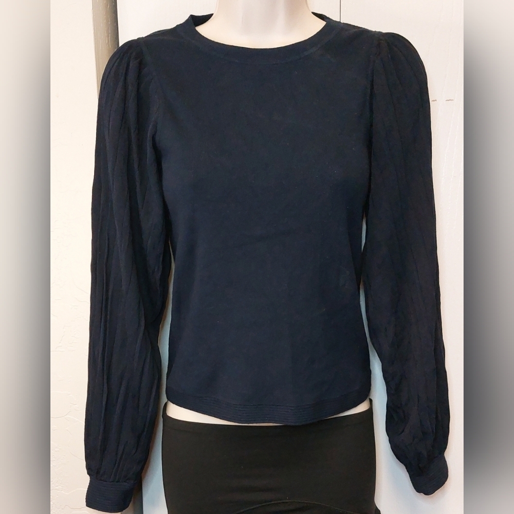 Club Monaco Navy Long Puff Sleeve Sweater Size XS Crew Neck Top Ribbed Elegant